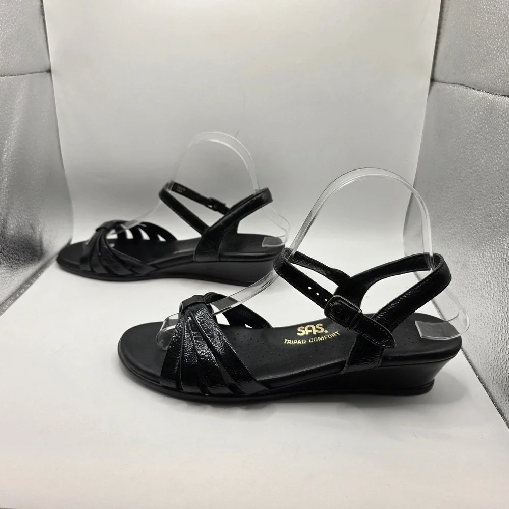 SAS Tripad Comfort Black Patent Leather Wedge Sandals Womens 8 N Made in USA